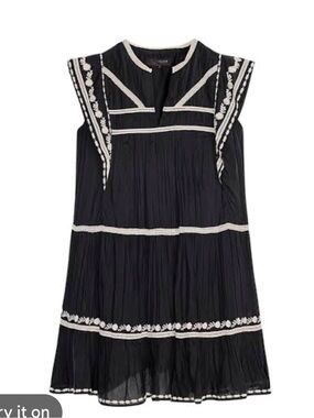 Zara Black Sleeveless Tiered Tunic with Cream Embroidery